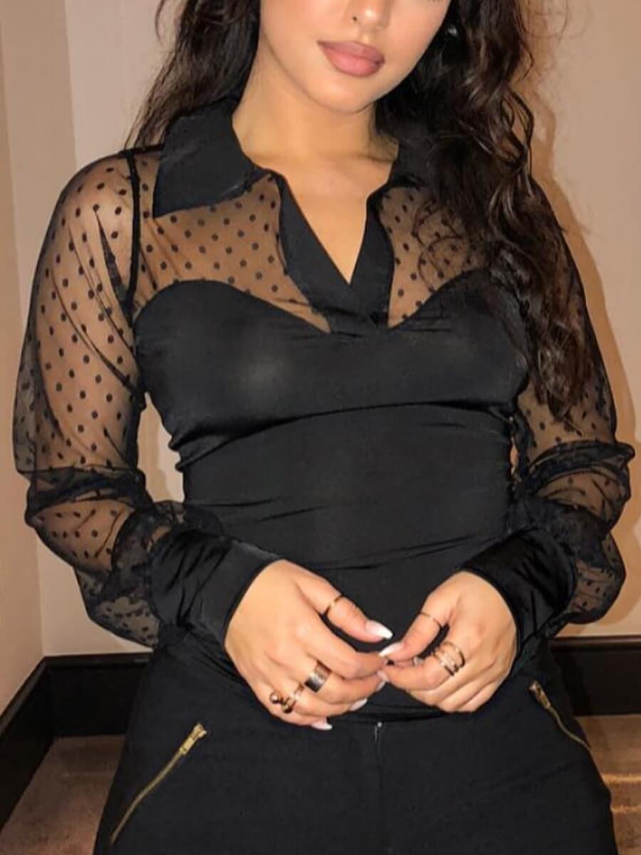 

Lovely Sweet Turndown Collar Mesh Patchwork Black Blouse