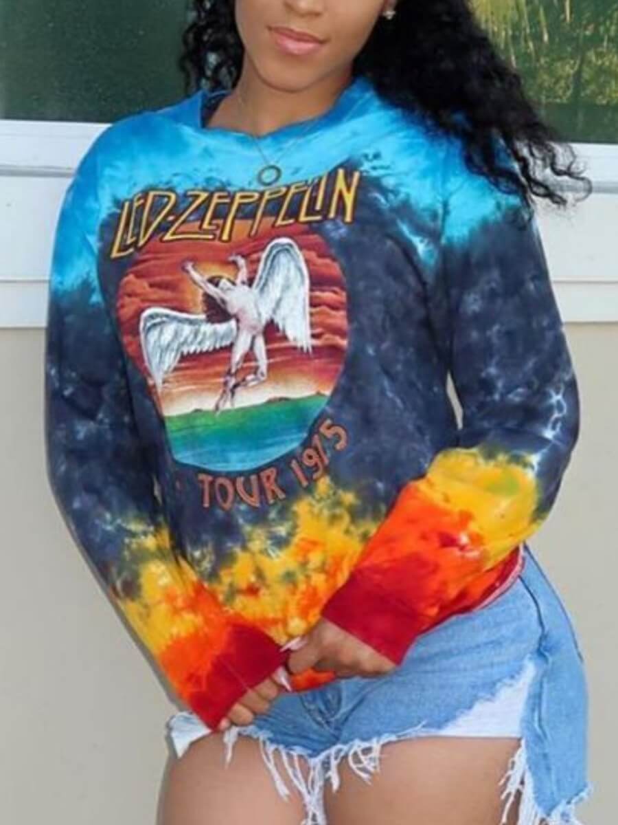 

Lovely Street Letter Print Tie-dye Blue T-shirt