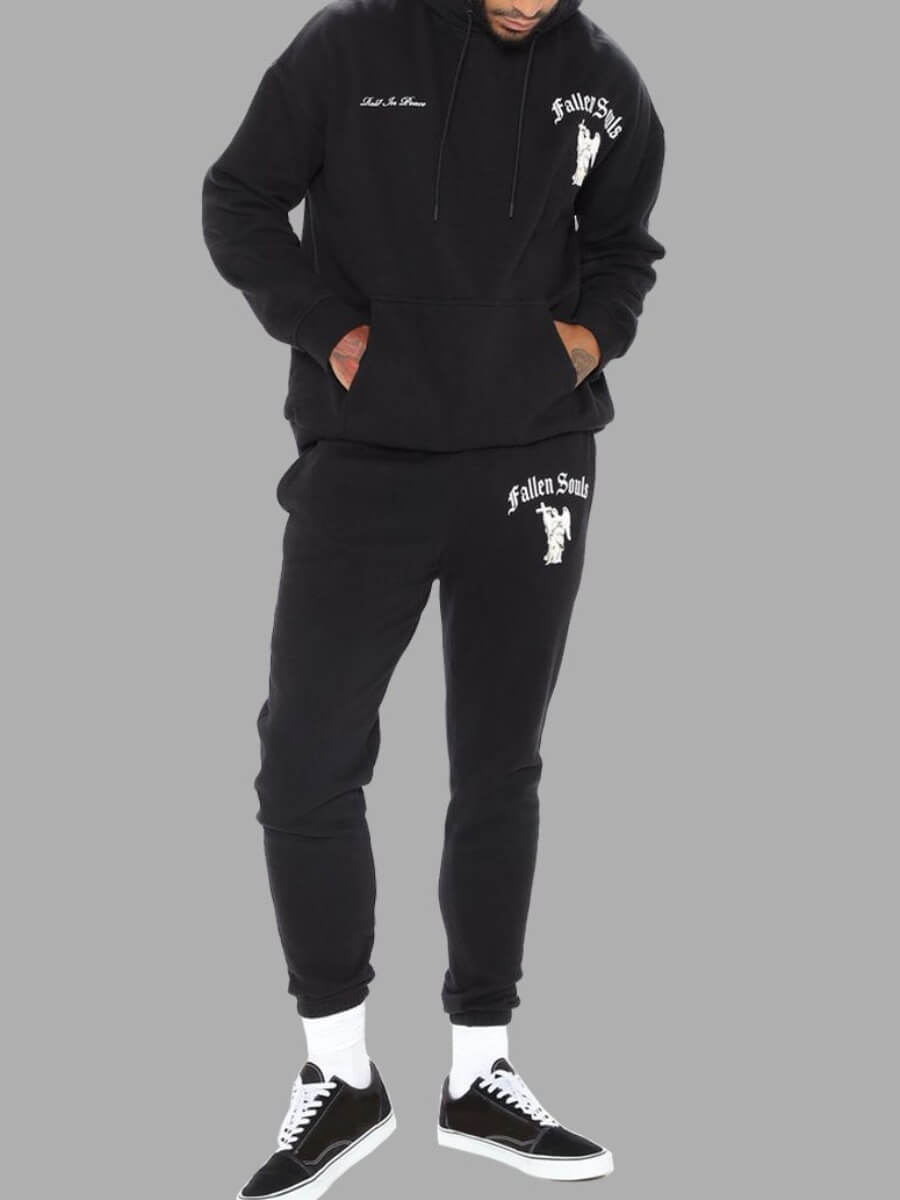 

Lovely Casual Hooded Collar Print Black Men Two-piece Pants Set