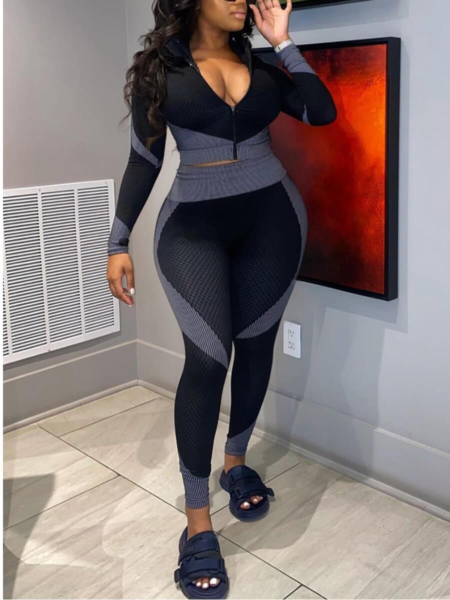 

Lovely Chic Striped Patchwork Skinny Grey Plus Size Two-piece Pants Set