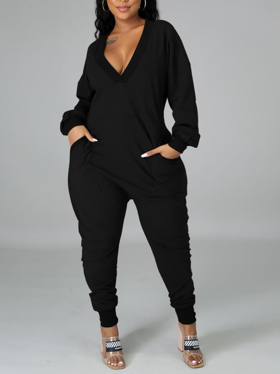 

Lovely Plus Size Casual V Neck Pocket Design Black One-piece Jumpsuit