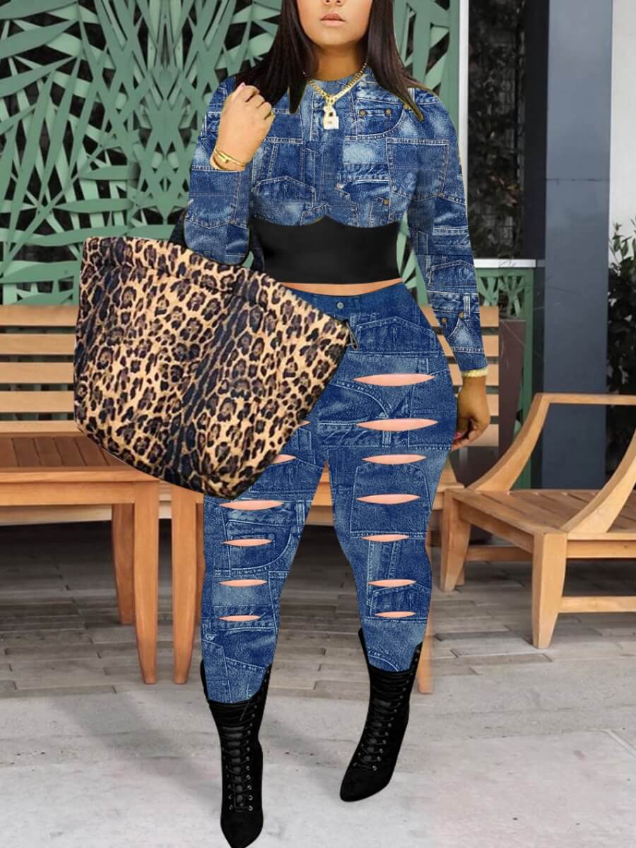 

Lovely Street Hollow-out Patchwork Blue Two Piece Pants Set