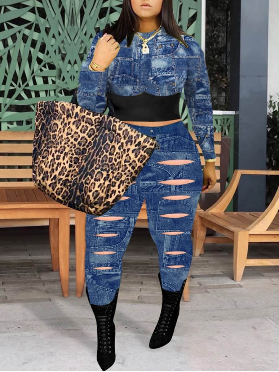 

Lovely Casual Patchwork Hollow-out Blue Plus Size Two-piece Pants Set