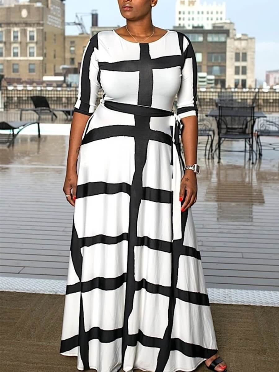 

Lovely Trendy Grid Print White Maxi Plus Size Dress