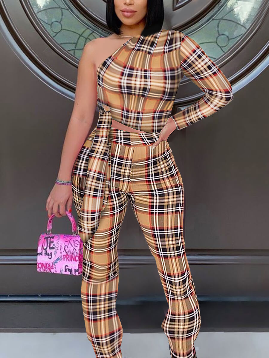 

Lovely Casual One Shoulder Plaid Print Light Camel Two Piece Pants Set