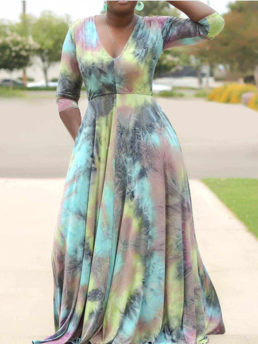

Lovely Stylish V Neck Tie-dye Green Maxi Plus Size Dress