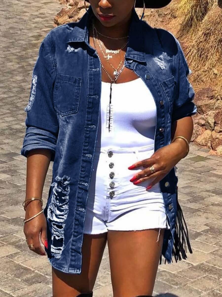 

Lovely Street Turndown Collar Broken Holes Deep Blue Denim Jacket