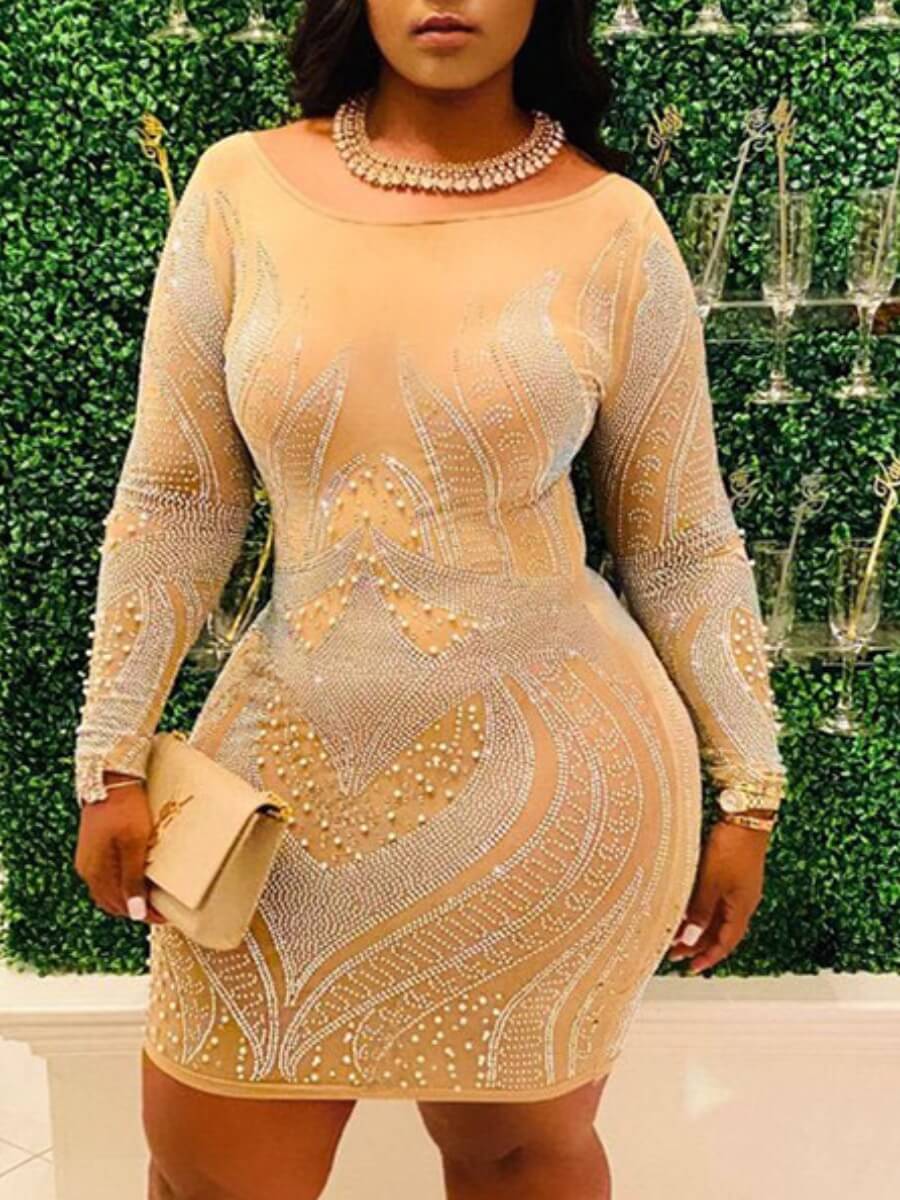 

Lovely Sexy Nail Bead Design Beige Mini Plus Size Dress
