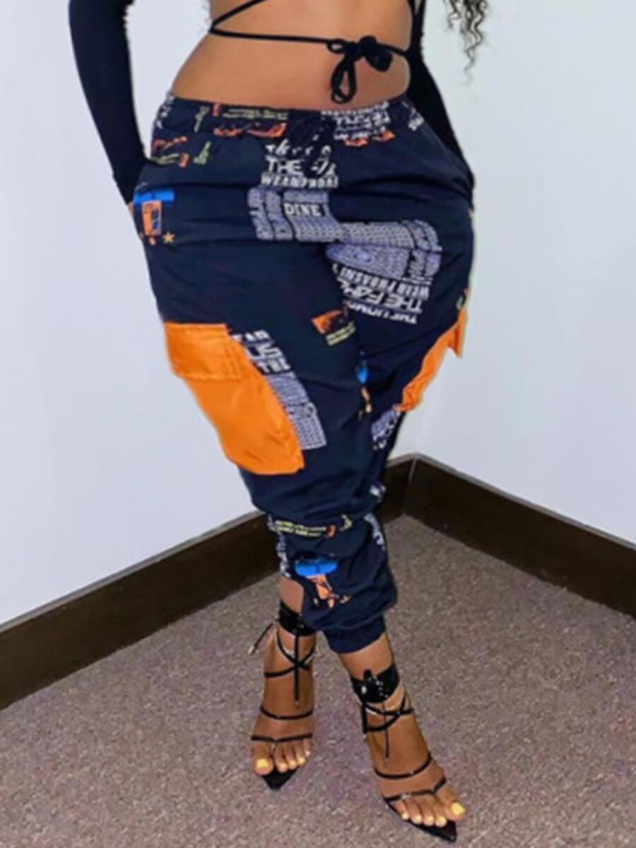 

Lovely Casual Letter Print Side Pocket Blue Plus Size Pants