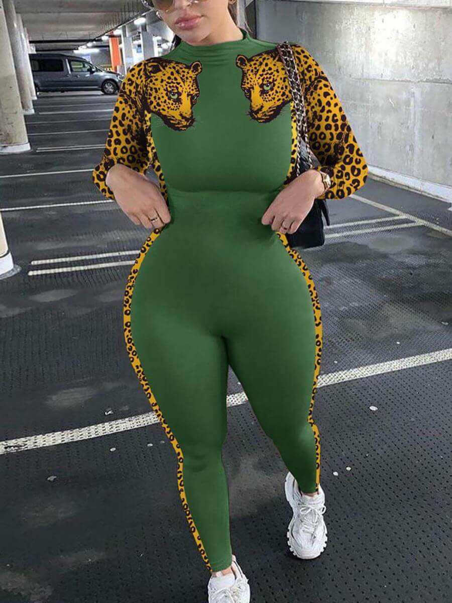

Lovely Chic Leopard Print Patchwork Green One-piece Jumpsuit