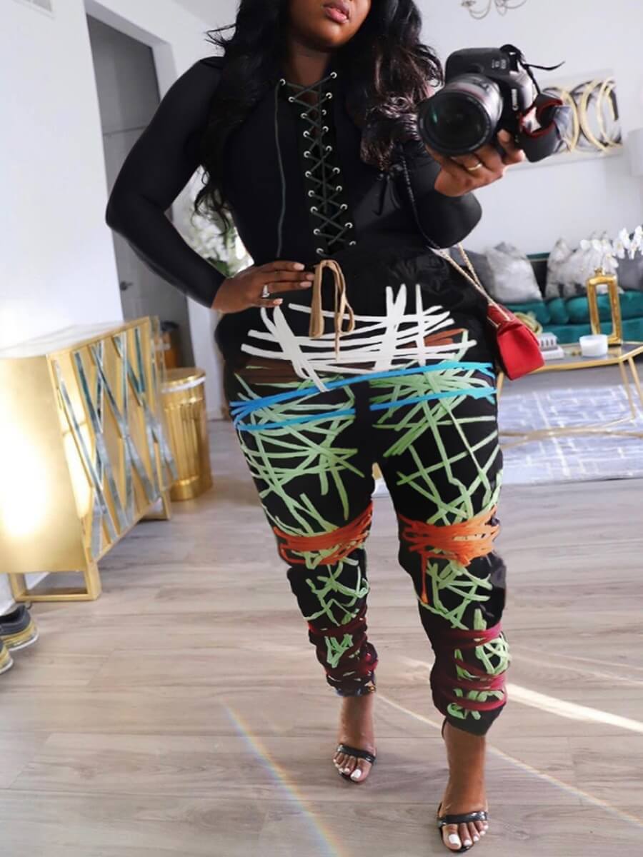 

Lovely Street Print Lace-up Black Plus Size Two-piece Pants Set