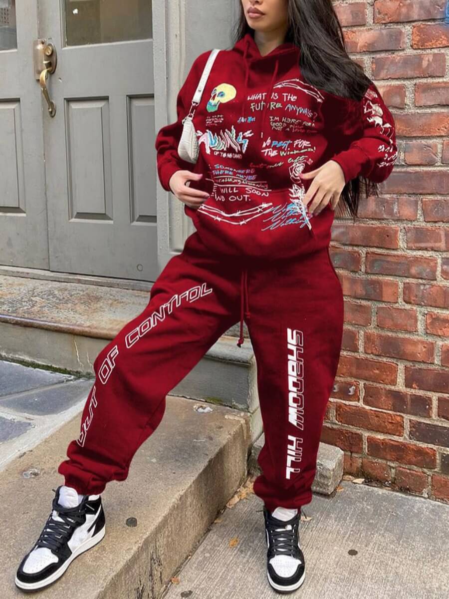 

Lovely Street Hooded Collar Letter Print Wine Red Two Piece Pants Set
