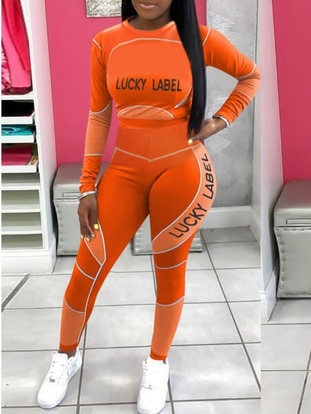 

Lovely Sportswear O Neck Letter Patchwork Jacinth Two Piece Pants Set
