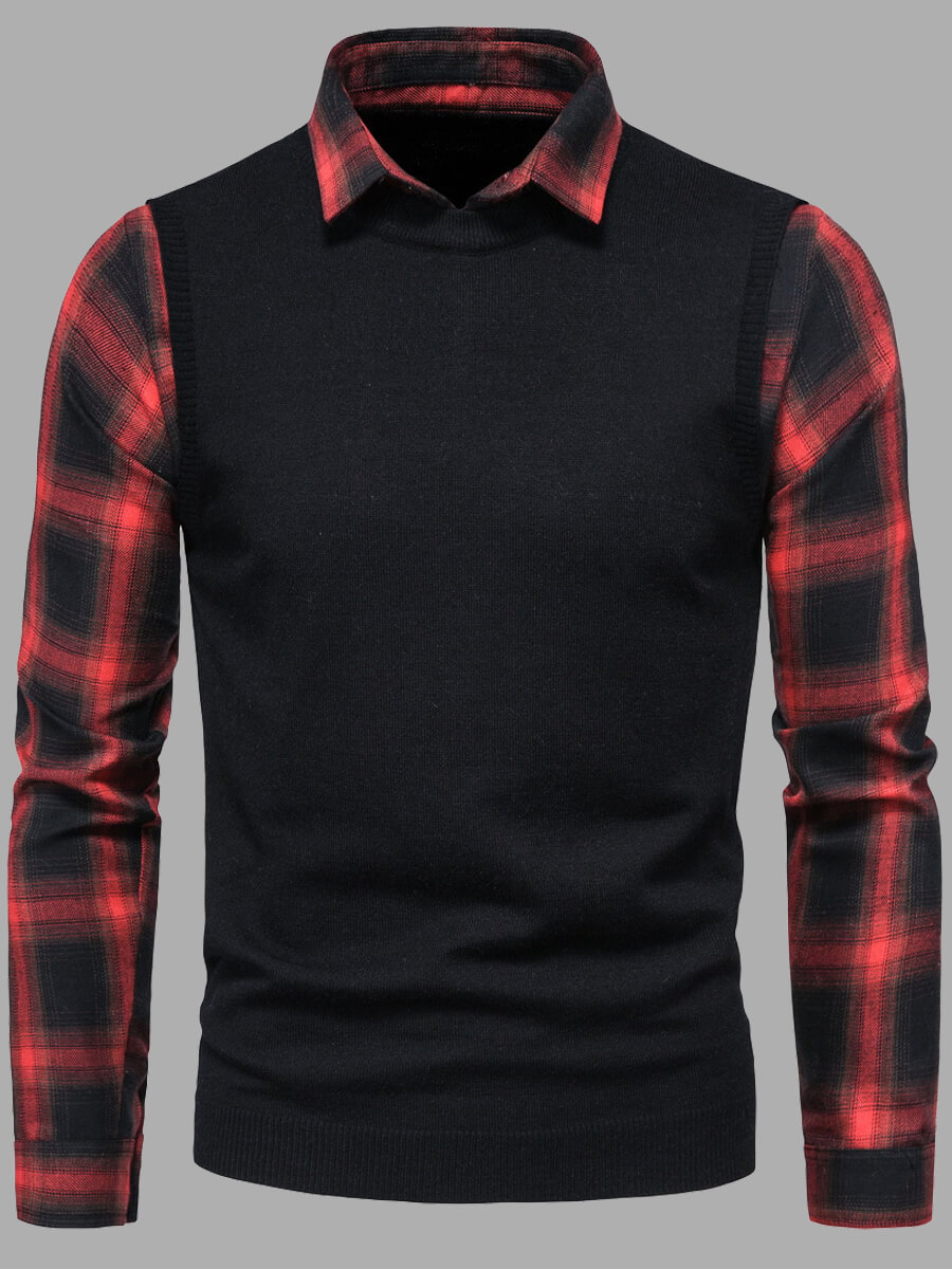 

Lovely Trendy Turndown Collar Grid Print Patchwork Black Men Sweater