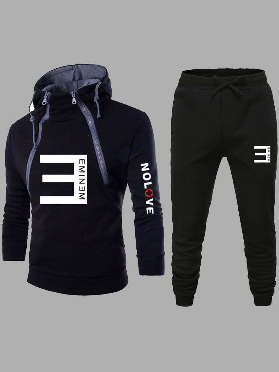 

Lovely Casual Hooded Collar Letter Print Black Men Two-piece Pants Set