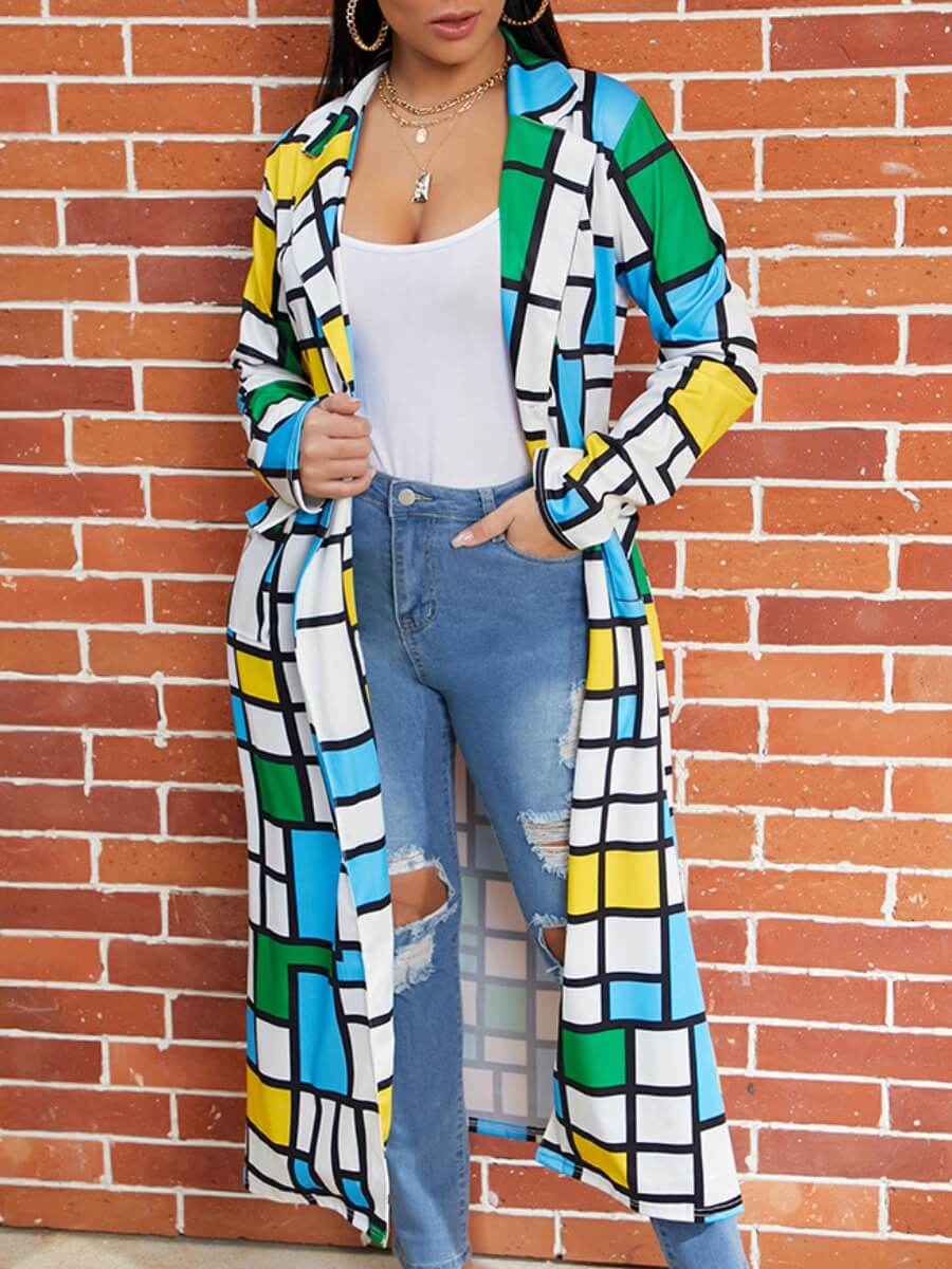 

Lovely Stylish Turndown Collar Print Patchwork Blue Long Coat