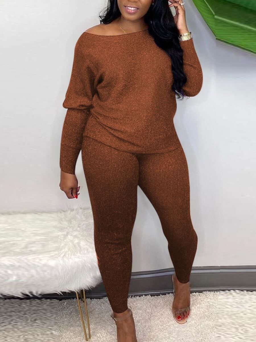 

Lovely Casual Boat Neck Long Sleeve Coffee Two Piece Pants Set