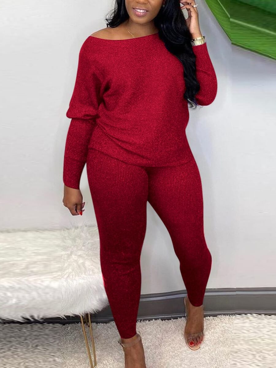 

Lovely Casual Boat Neck Long Sleeve Red Two Piece Pants Set