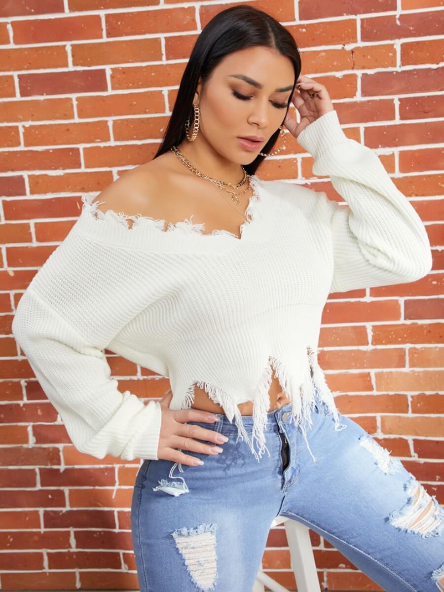 

Lovely Casual V Neck Tassel Design White Sweater