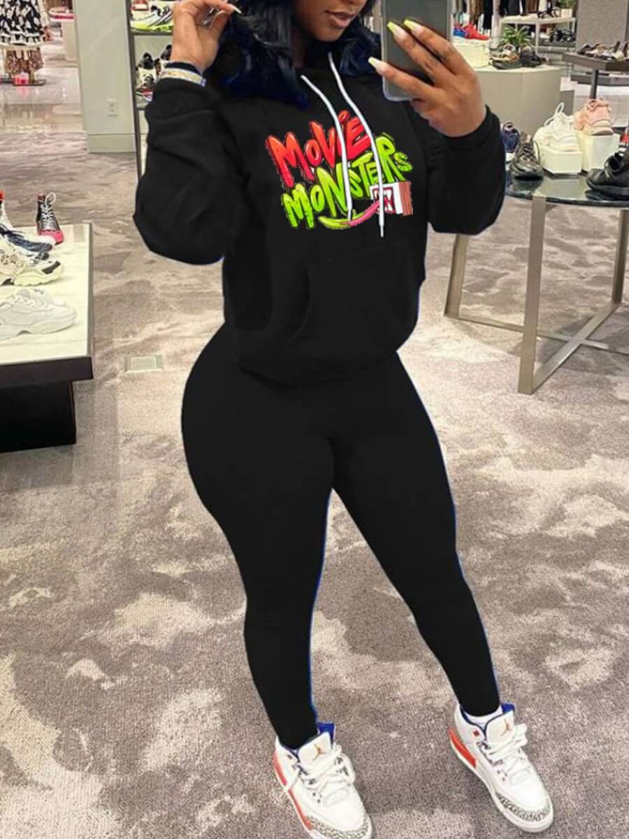 

Lovely Casual Hooded Collar Letter Print Black Two Piece Pants Set
