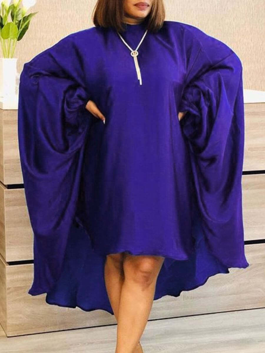 

Lovely Casual Batwing Sleeve Asymmetrical Loose Blue Mid Calf Dress