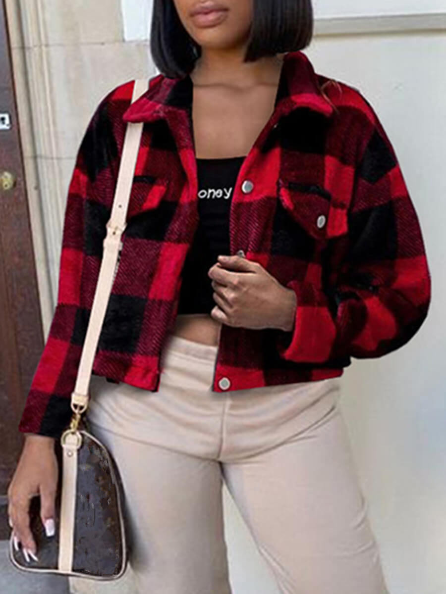 

Lovely Casual Plaid Print Patchwork Pocket Design Red Coat