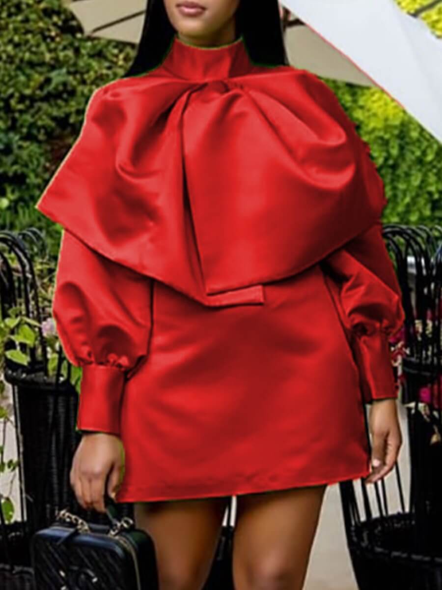 

Lovely Sweet High Neck Fold Design Red Mini Dress