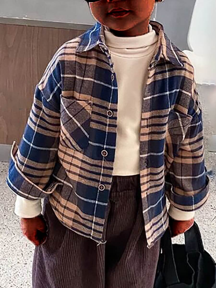 

Lovely Casual Plaid Print Patchwork Brown Boy Shirt