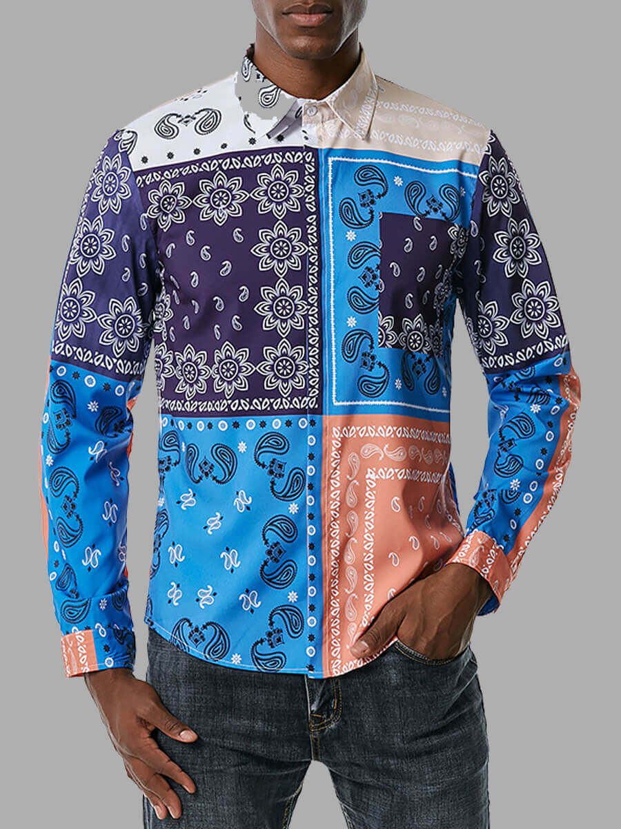 

Lovely Stylish Shirt Collar Print Patchwork Multicolor Men Shirt, Multi