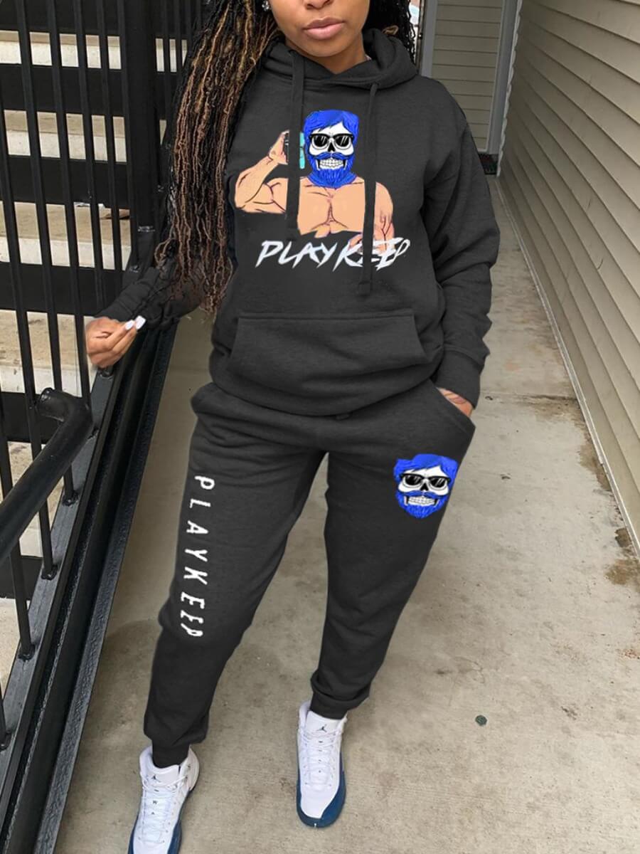 

Lovely Casual Hooded Collar Print Black Plus Size Two-piece Pants Set