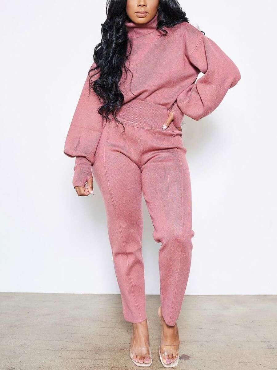 

Lovely Casual Turtleneck Basic Loose Pink Two Piece Pants Set