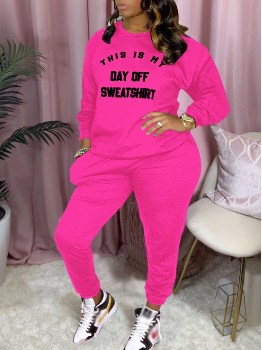 

Lovely Casual O Neck Letter Print Rose Red Two Piece Pants Set