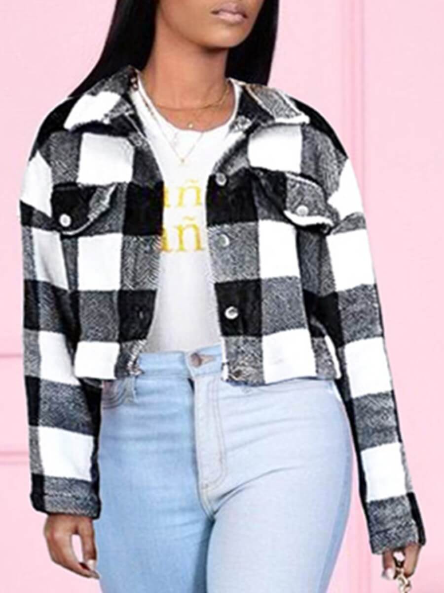 

Lovely Casual Plaid Print Patchwork Pocket Design Black And White Coat