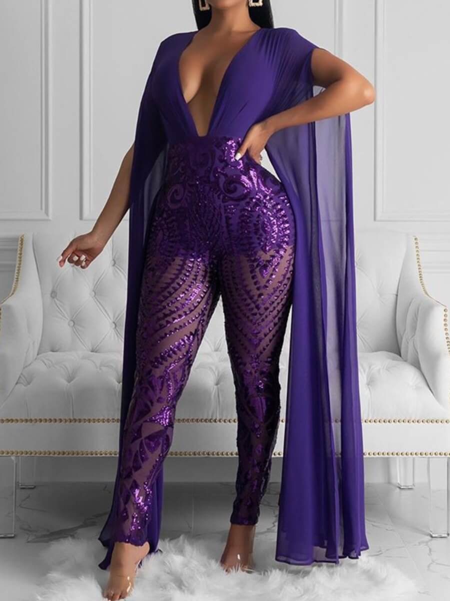 

Lovely Stylish See-through Patchwork Sequined Purple One-piece Jumpsuit