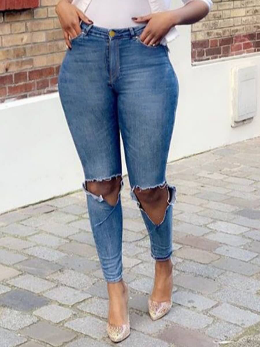 

Lovely Trendy Hollow-out Deep Blue Jeans