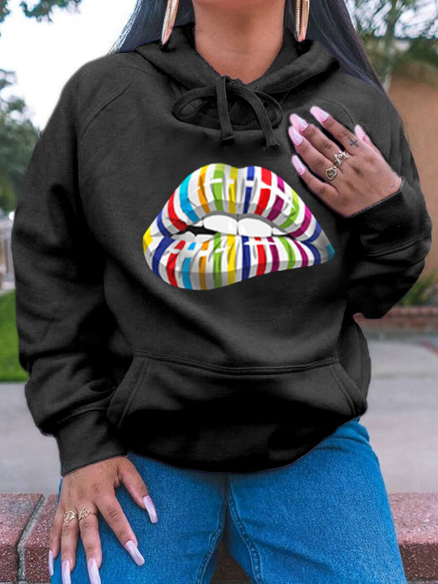 

Lovely asual Lip Print Kangaroo Pocket Black Hoodie