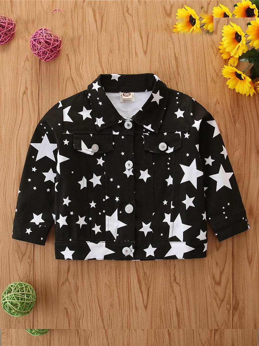 

Lovely Stylish Shirt Collar Pentagram Print Black Girl Coat
