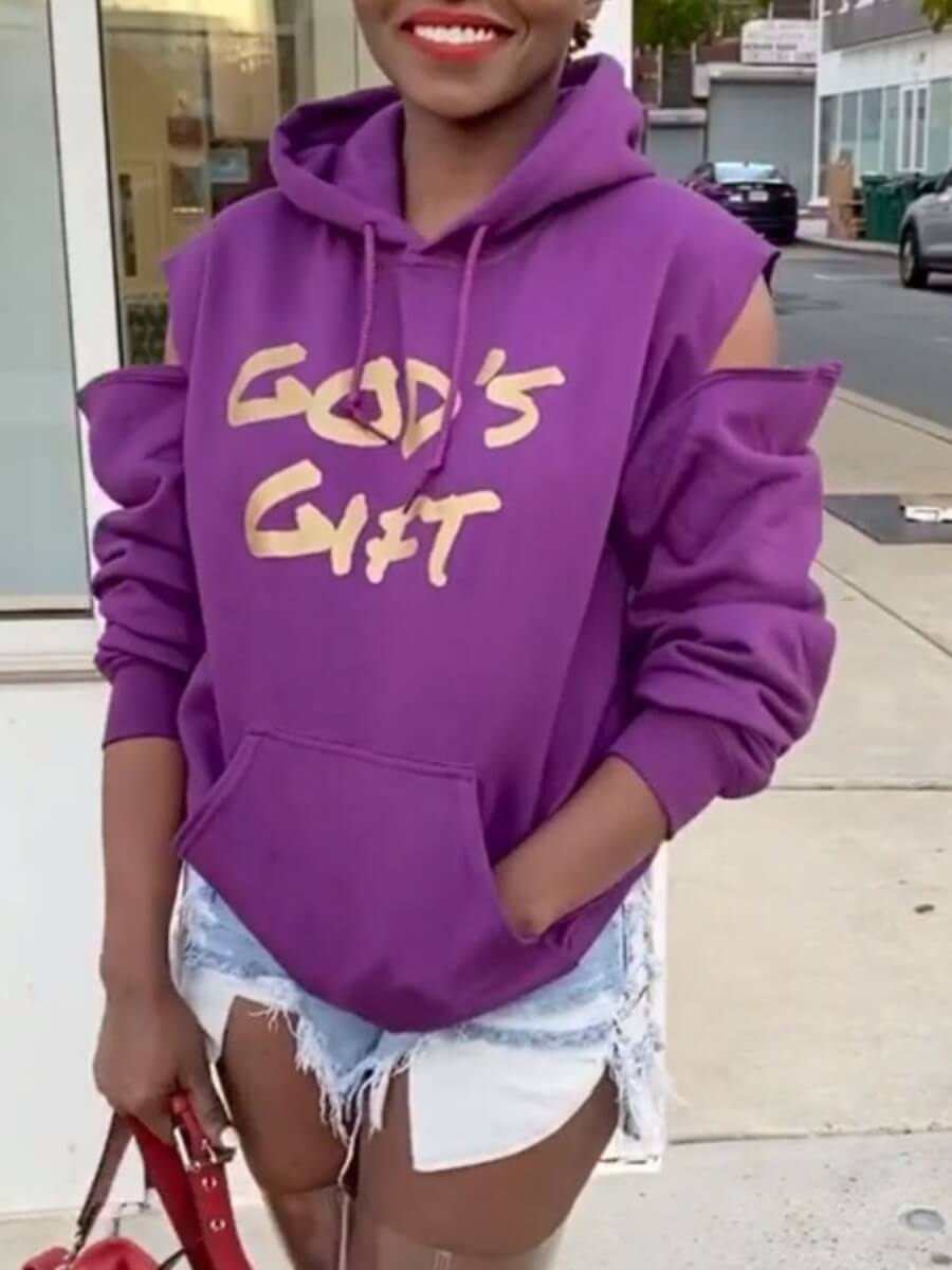 

Lovely Street Letter Print Broken Holes Purple Hoodie