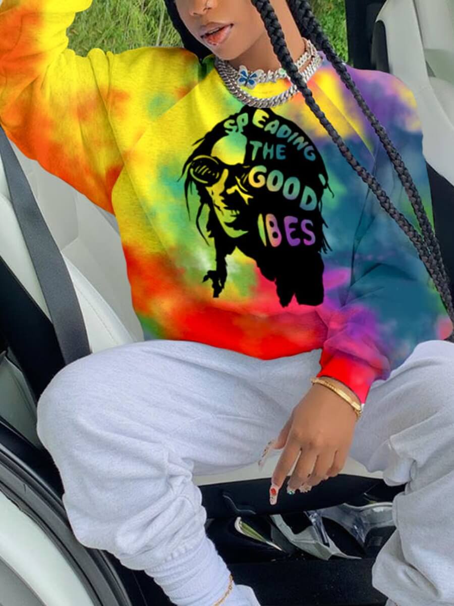 

Lovely Street Letter Print Tie-dye Multicolor Hoodie, Multi