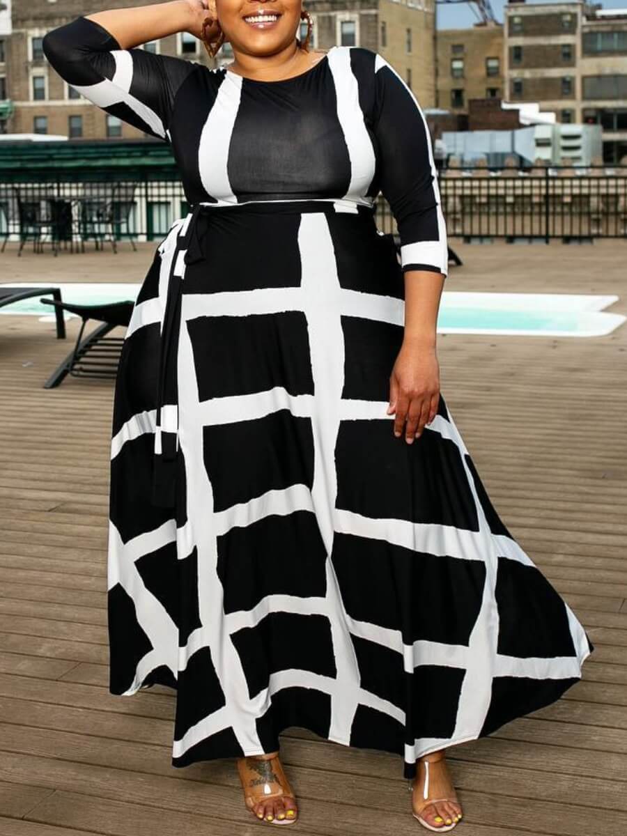 

Lovely Casual O Neck Print Black Maxi Plus Size Dress