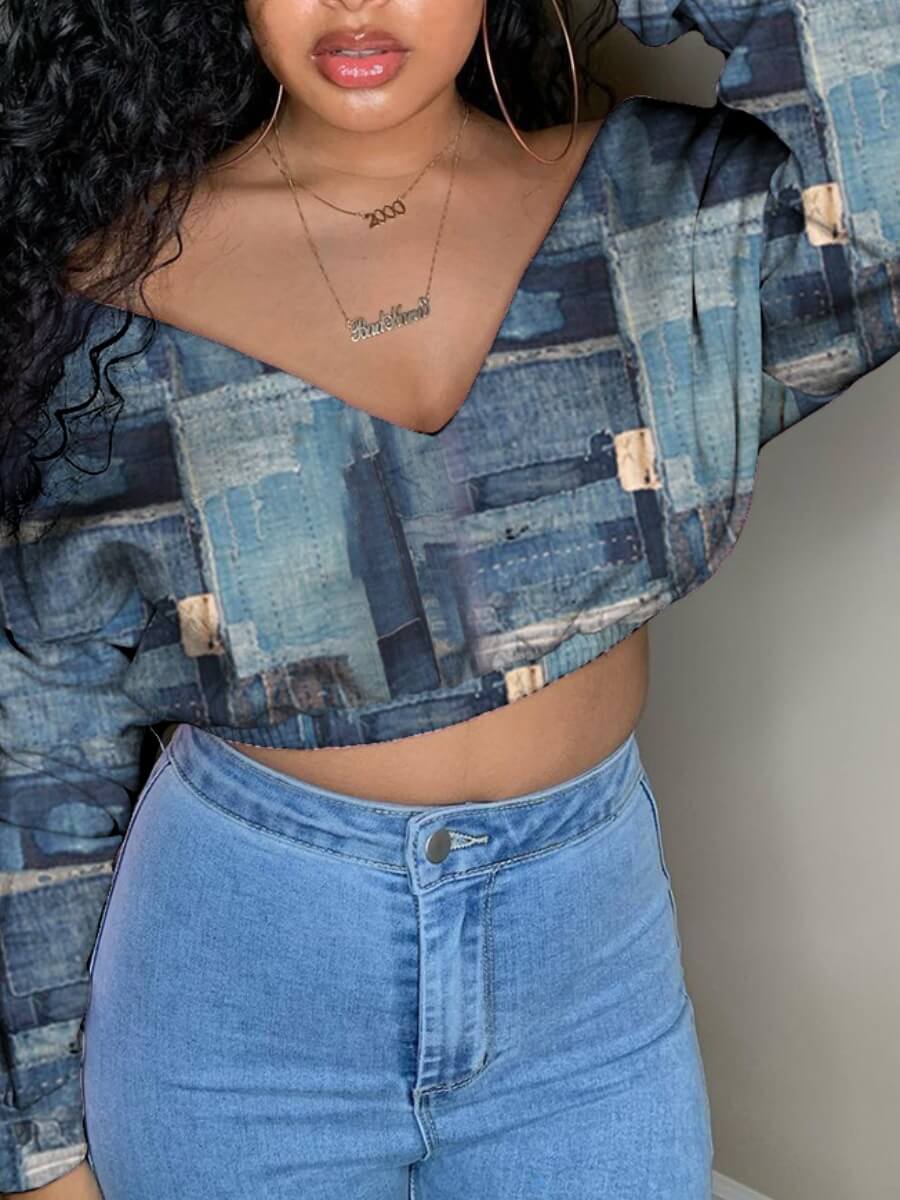 

Lovely Casual V Neck Print Blue Hoodie