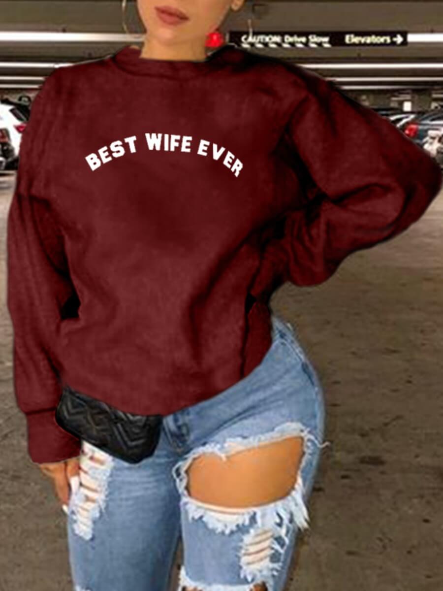 

Lovely Casual O Neck Letter Print Wine Red Plus Size Hoodie