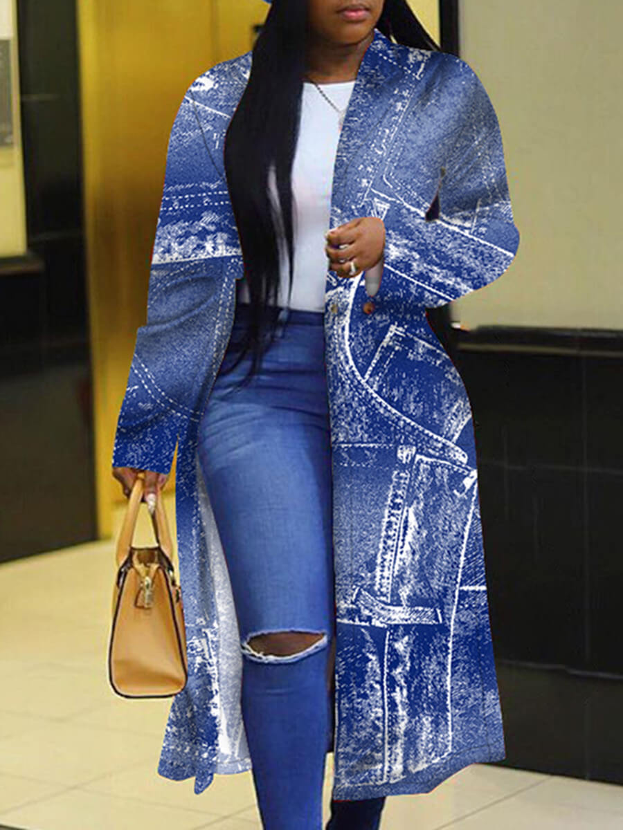

Lovely Stylish Turndown Collar Print Baby Blue Trench Coat