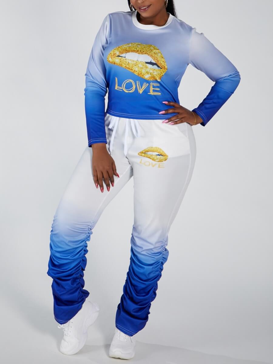 

Lovely Sportswear O Neck Lip Print Blue Plus Size Two-piece Pants Set