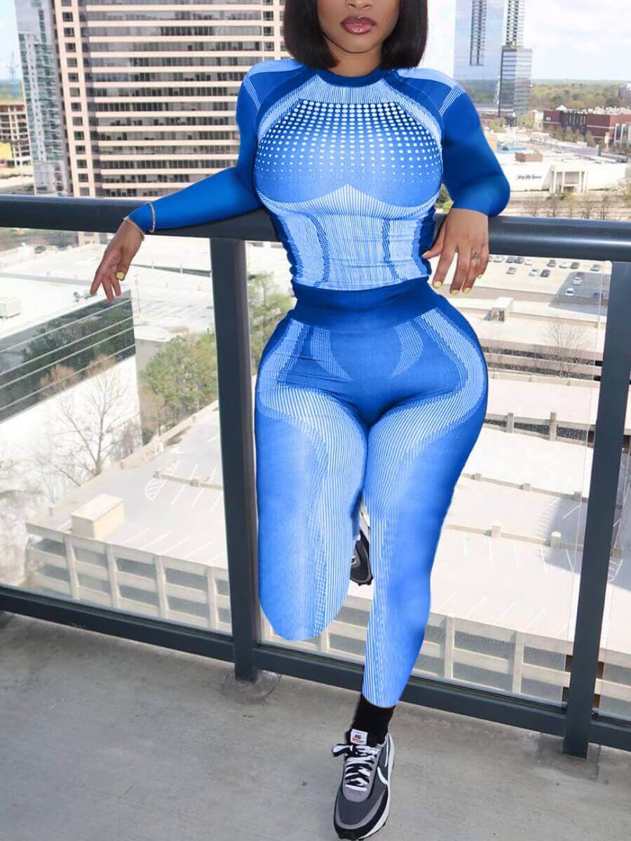 

Lovely Sportswear O Neck Print Patchwork Blue Two Piece Pants Set