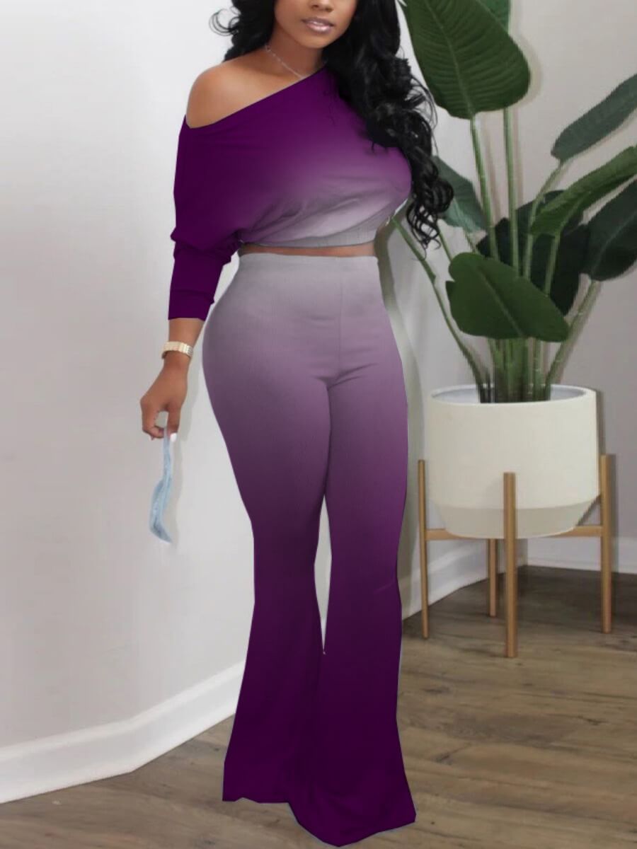 

Lovely Casual One Shoulder Gradient Purple Two Piece Pants Set