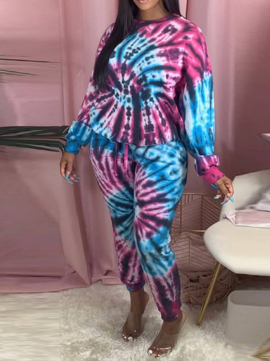 

Lovely Casual Dropped Shoulder Tie Dye Print Multicolor Two Piece Pants Set, Multi