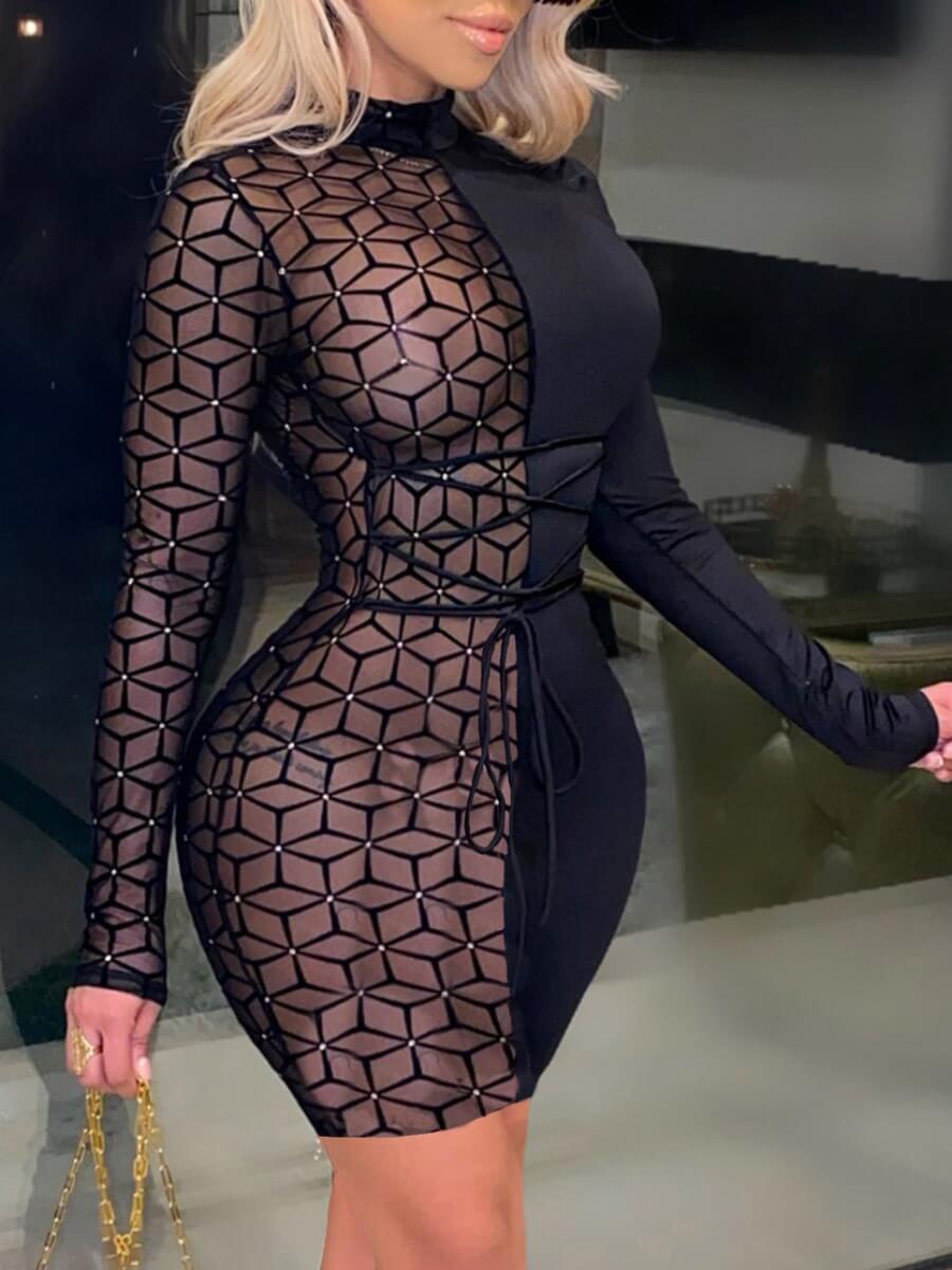 

Lovely Sexy Print See-through Black Mini Dress