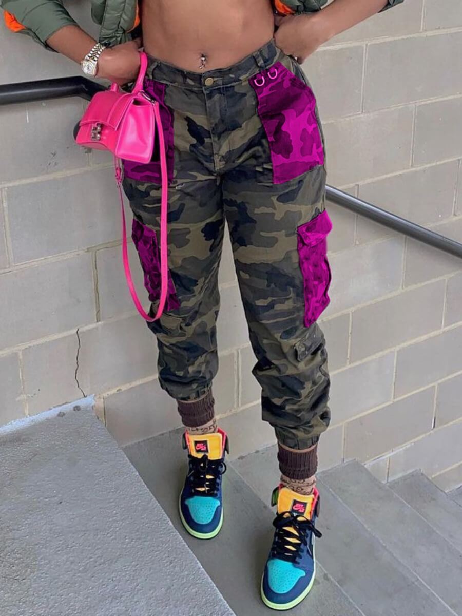 

Lovely Casual Mid Waist Camo Print Patchwork Pants
