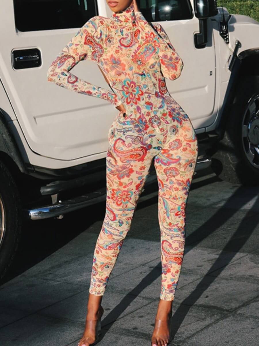 

Lovely Trendy Turtleneck Print Skinny White One-piece Jumpsuit(With head hood